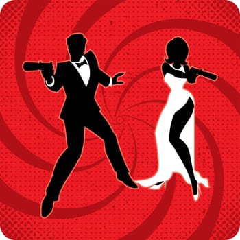 Silhouettes of spy couple over abstract background. No transparency and gradients used. 