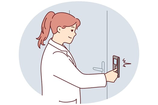 Young woman in white uniform switch controller near door. Smiling female researcher or scientist turn on control panel on wall. Vector illustration.