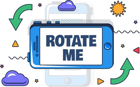 Rotate me. Smartphone turning concept. Visual instruction for dynamic using of your mobile phone for screen rotation to horizontal position. Cartoon outline vector isolated on white background