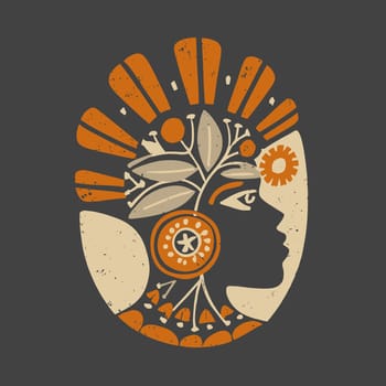 Oval shaped Design for a Tshirt or an Logo, a Stylized Profile of a Womans Head with Floral Decor and Jewelry, Abstract Art in Orange Gray White Colors, using a Negative Space