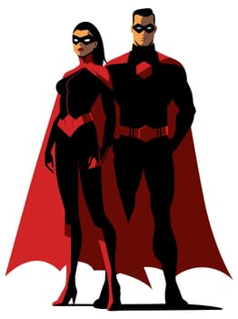 Two superheroes stand confidently, draped in flowing red capes. The woman, with bold black mask and fitted suit, contrasts the mans stoic demeanor.