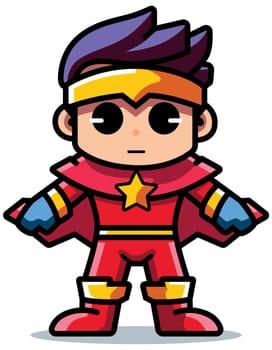 Kawaii style miniature superhero with a red suit, yellow star emblem, and purple hair.