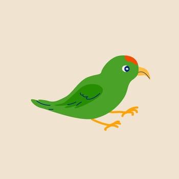 green cartoon character bird parrot with red spot. Vector illustration can used for animal card, postcard, mascot, banner, celebration design.