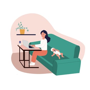 Woman freelancer at home with newborn. Vector illustration concept desighn working at home