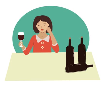 girls or womens holding vine - illustration in a flat style . Vector illustration on retro color 50-60 s years. Alcoholism concept, mental health an problems.