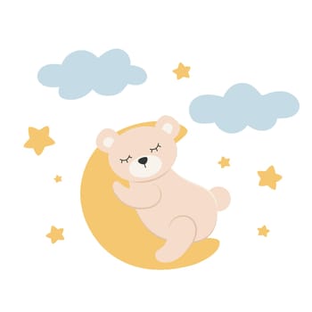 Little sleeping bear on moon in cartoon style. Teddy bear on background of month, stars and clouds. Simple baby illustration, vector