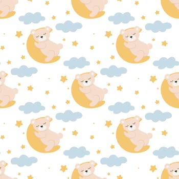 Little sleeping bear on moon in cartoon style seamless pattern. Background of Teddy bear against month, stars and clouds. Simple kid character print for textile, wallpaper and nursery design, vector illustration