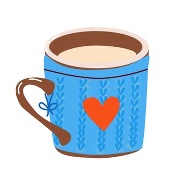 a mug with a knitted cover. on the knitted cover there is a drawing of a heart. handmade design on a white background. suitable for printing on paper and fabric.