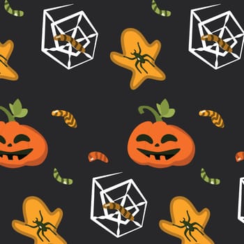 cartoon creepy pattern with spiders and pumpkin, and worms. Vector illustration on black backdrop.