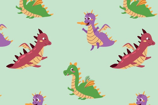 Seamless pattern of cute baby dragons in cartoon style. Vector illustration usable for textile, fabric print, wallpapers, posters, greeting cards, notebook covers and cute childish background.