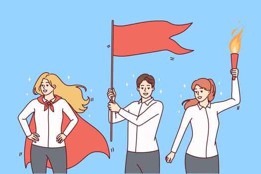 Happy businesspeople with flag and fire celebrate shared business success. Smiling employees striving for win or victory at workplace. Teamwork. Vector illustration.