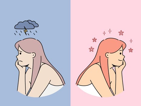 Women in opposite mood with thundercloud and spring flowers overhead as metaphor for influence of climate on emotions. Girl with long hair feels change in mood in different seasons