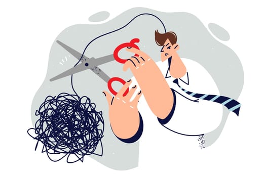 Man with psychological problems cuts off tangled cord of thought symbolizing stress due to toxic work. Businessman gets rid of stress that causes deterioration in mood and decrease in productivity
