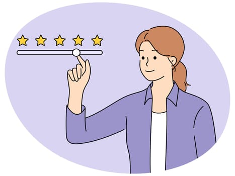 Woman customer give feedback to service. Female client rating good or bad consumer experience. Consumerism and rate concept. Vector illustration.