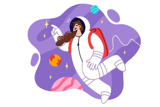 Woman astronaut in spacesuit flies in zero gravity studying planets and stars of universe or galaxy. Girl astronaut or cosmonaut participants in research mission and looks for traces of ufo in space.