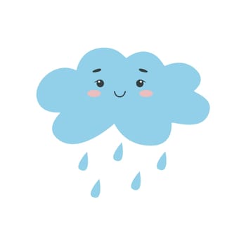 Cute rain cloud kawaii clip art. Simple baby character, weather conditions concept. Hand drawn funny cloud smiling, isolated vector illustration flat style