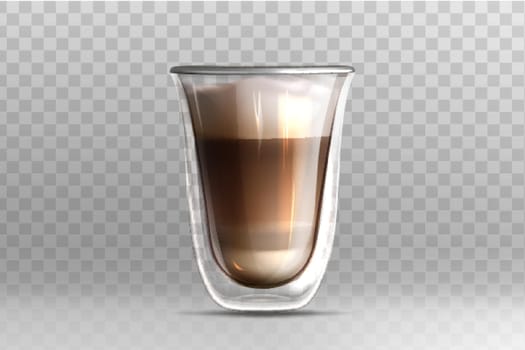 Realistic vector illustratin of coffee latte in glass cup with double walled on transparent background. Cappuccino drink with milk foam on top. Mockup template for branding, or product design.
