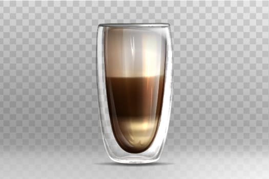 Realistic vector illustration of coffee in glass cup with double walled on transparent background. Cappuccino or latte drink with milk foam on top. Mockup template for branding or product design.