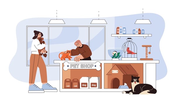 Flat pet shop with domestic animals. Customers choose pets. Store inside interior with counter and ginger kitty, dogs, bird, fish in aquarium and bird in a cage. Animal food and accessories on shelves