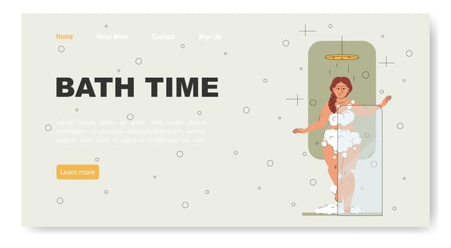 Relaxing shower concept of landing page with girl in a foam. Female plump character washes in shower. Everyday hygiene procedure. Naked girl foaming soap or gel. Body care. Flat vector illustration.