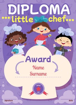 Cute kids cooking diploma design template with little chef cartoon illustration. Smiling boys and girl in kitchen apron and cap on certificate award. Flat template for cook school.