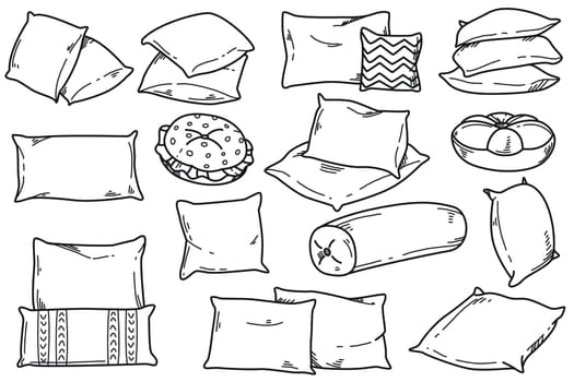Doodle drawing set of soft pillow for sleep, rest and bedroom decoration. Hand drawn cozy feather cushions different shapes for bed and sofa on white background. Decorative comfy orthopedic pillows.