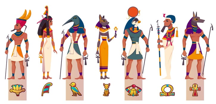 Set of ancient Egyptian gods and goddesses. Vector flat characters of Egypt mythology, myth Cairo statues. Ra, Bastet, Maat, Thoth, Anubis and Ptah with religious symbols isolated on white background.