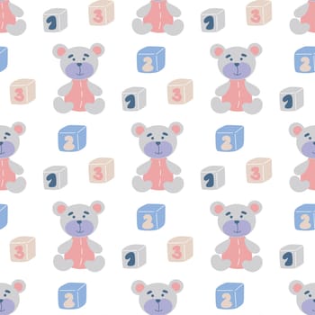 Plush bear Seamless Baby Pattern. Cute Teddy Bear and cubes with numbers background. Cozy pastel print for child textiles, wallpaper, gift packaging, vector continuous illustration