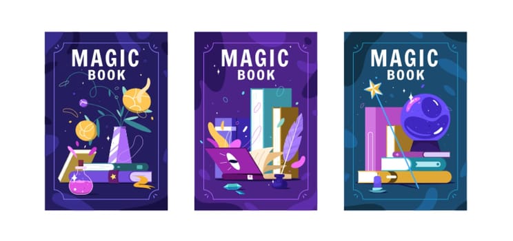 Flat magic book posters or flyers. Literature piles with colourful covers and magical ball. Ancient source of knowledge. Reader club, bookshop or reading hobby concept.
