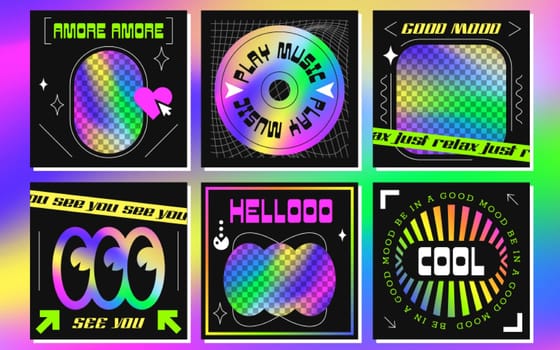 Trendy social media post templates with abstract geometric shapes, acid labels in y2k style. Vintage banners with neon copy space for photo or text. Set of holographic groovy elements and symbols.