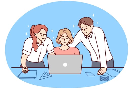 Smiling colleagues look at laptop screen work together on business project in office. Happy businesspeople brainstorm cooperate together on computer. Teamwork. Vector illustration.