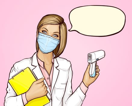 Doctor in protective medical mask with a non-contact digital infrared body thermometer and yellow book in her hands. Woman measures body temperature to check covid19. Coronavirus epidemic outbreak. Medicine and healthcare. Pop art retro vector illustration.