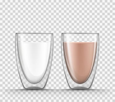 Realistic 3d illustration of milk and cocoa in a glass cups with double walls isolated on transparent background. Full mug with dairy product, protein cocktail, kefir, yogurt, chocolate milk, coffee.