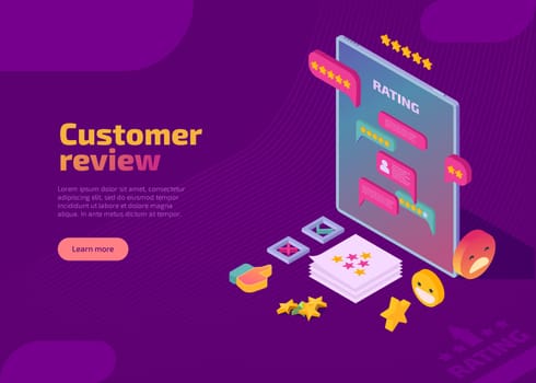 Customer review isometric landing page. Usability evaluation, feedback, reputation, satisfaction client and star rating system concept. Social media digital marketing evaluation web banner, website.