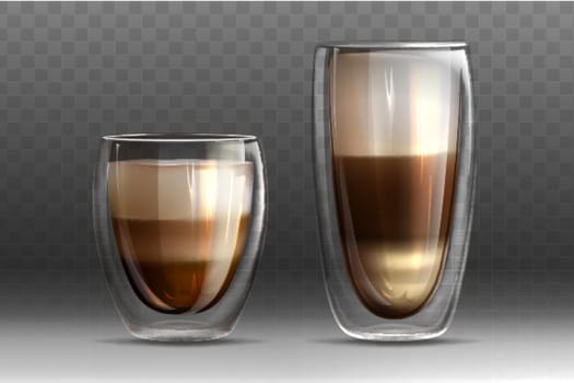 Set of realistic glossy glass cups with double wall full of hot cappuccino or latte. Coffee drinks with milk and foam isolated on transparent background. Template for branding or product design.