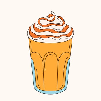 Frappuccino iced coffee in a glass cup in line art, doodle style. Vector illustration isolated on white background.