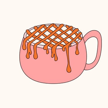 Caramel Macchiato drink in mug. Line art style. Vector illustration isolated on white background.