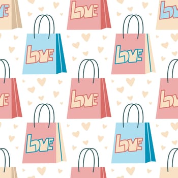 Craft bags with inscription love seamless pattern. Cute background for Saint Valentine. Romantic print with paper shopping bags. Vector illustration, flat design