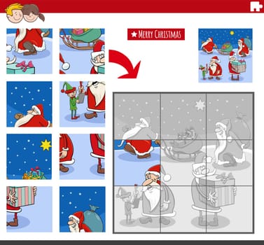 Cartoon illustration of educational jigsaw puzzle game with Santa Clauses characters on Christmas time