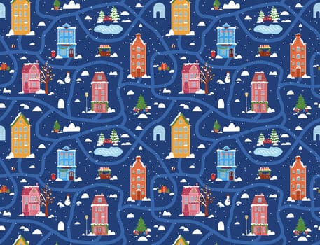 Seamless Scandinavian town pattern. Endless background with cute small houses, trees. Repeating print of sweet homes in Nordic Scandi style. Repeatable texture. Colored flat vector illustration