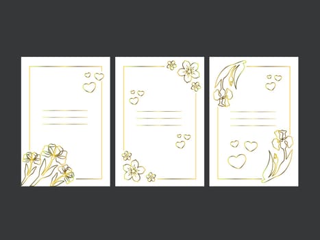 Three postcards with a place for text with a white background, with a golden frame, hearts, flowers, a line for writing text