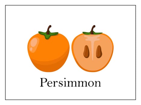 Card with signed whole persimmon and persimmon cut in half on white background in thin frame. Learn fruits in English for kids