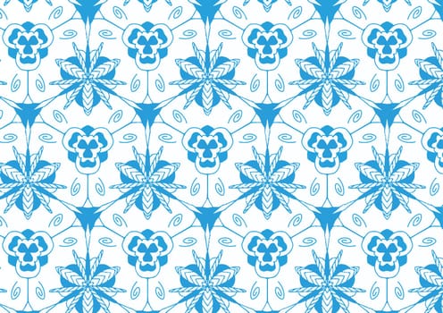 A seamless repeating pattern of dainty flowers with delicate petals and leafy stems set against a crisp white background. Abstract design.