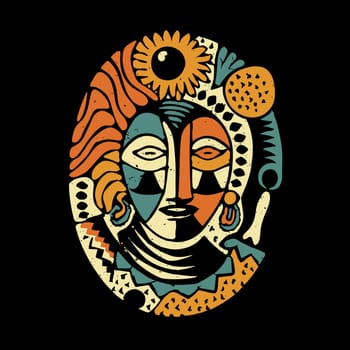 Abstract Geometric Drawing of a Woman Face with a Sun and Moon above it, in White, Blue, Yellow, Orange Colors on Black Background, using Negative Space. Vector illustration for t-shirt.