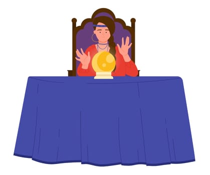Magic prediction of fortune teller vector illustration. Cartoon woman reading future in crystal ball, gypsy sitting at table with sphere and skull in spooky wizard room interior with witch cauldron