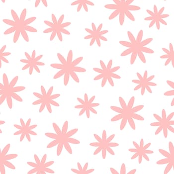 Abstract seamless pattern in shapes of flower in flat retro style. Design for package, cards, cloth. Vector illustration on white background.