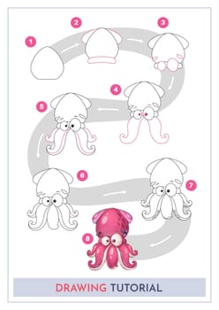 How to Draw a Squid. Step by Step Drawing Tutorial. Draw Guide. Simple Instruction for Kids and Adults. Vector eps 10.