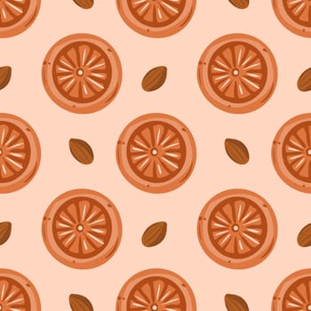 Seamless pattern with almonds and orange cookies on a peach background. Pastel colors
