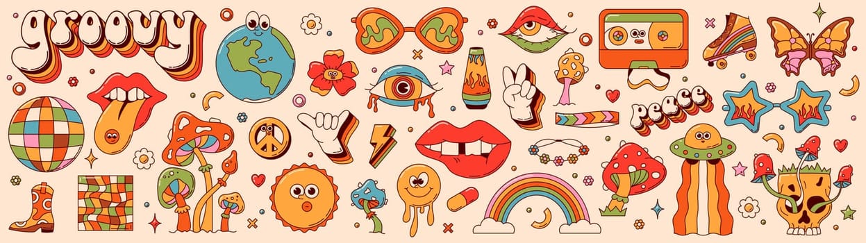 Groovy trippy hippie set. Retro colored sun earth disco cassette eye smile mascot elements.