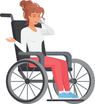Woman in wheelchair talking on phone. Young lady with limited mobility cartoon vector illustration